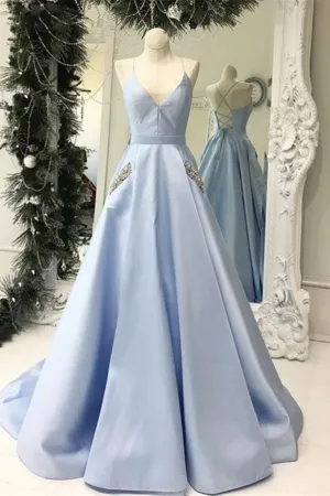 V Neck Open Back Light Blue Satin Long Prom Dresses with Pocket, V Neck Light Blue Formal Evening Dresses