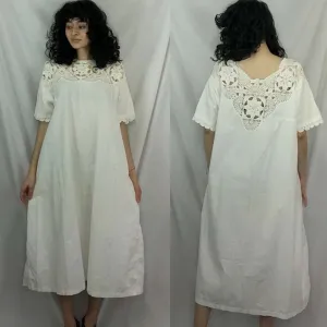 Vintage 70s | White Mexican Hippie Cotton Boho Hippie Crochet Dress | Free Size