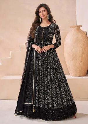 Wedding Black Real Georgette Embroidered Anarkali Gown