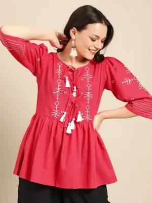 Women Coral Pink Extended Sleeves Tie-Ups Top