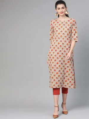 Women Cream & Orange Cotton Straight Floral Printed Kurta