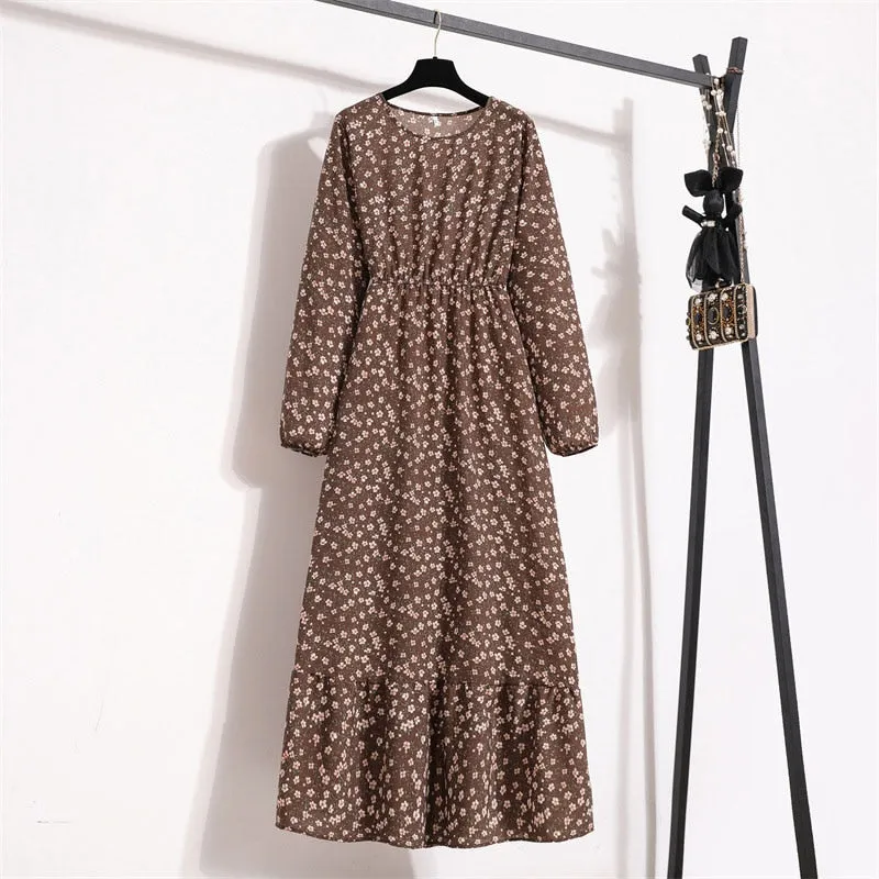 Women Floral Print Dress Spring Summer Casual O Neck Long Sleeve Chiffon A Line Long Maxi Dress - WD8066