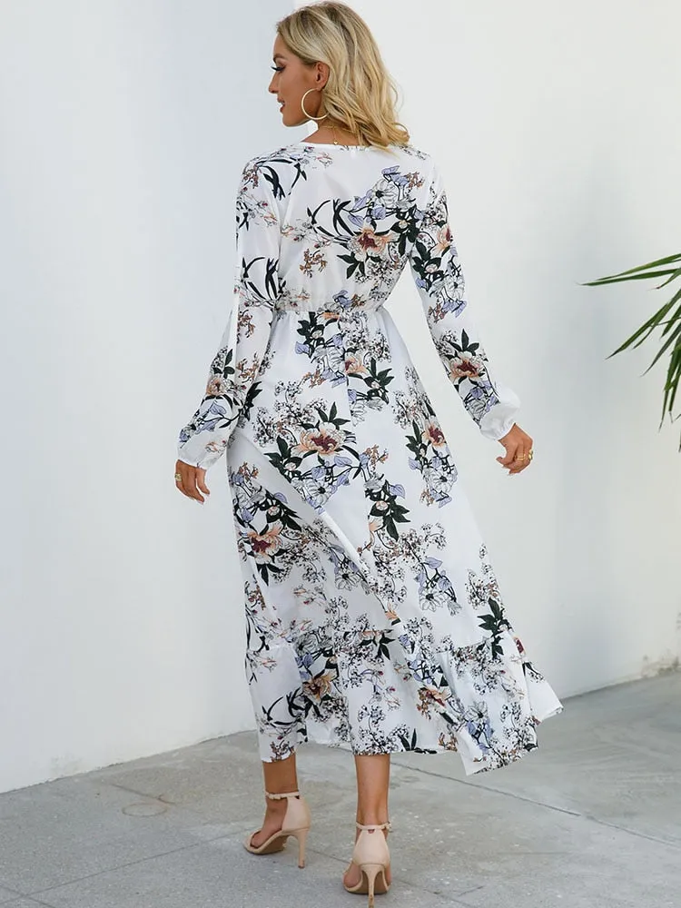 Women Floral Print Dress Spring Summer Casual O Neck Long Sleeve Chiffon A Line Long Maxi Dress - WD8066