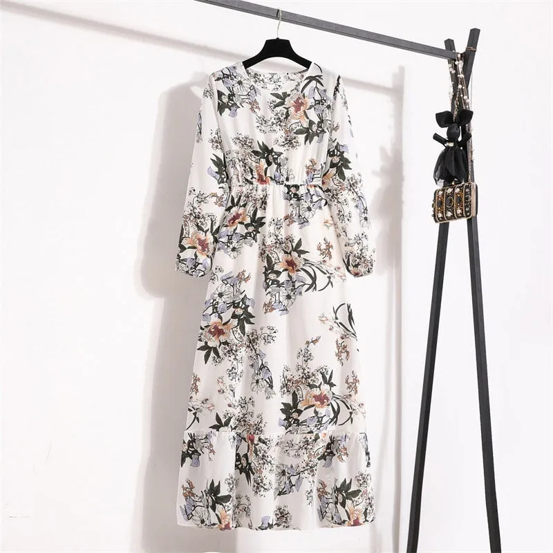 Women Floral Print Dress Spring Summer Casual O Neck Long Sleeve Chiffon A Line Long Maxi Dress - WD8066