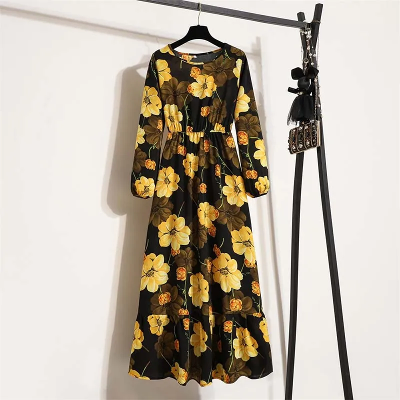 Women Floral Print Dress Spring Summer Casual O Neck Long Sleeve Chiffon A Line Long Maxi Dress - WD8066