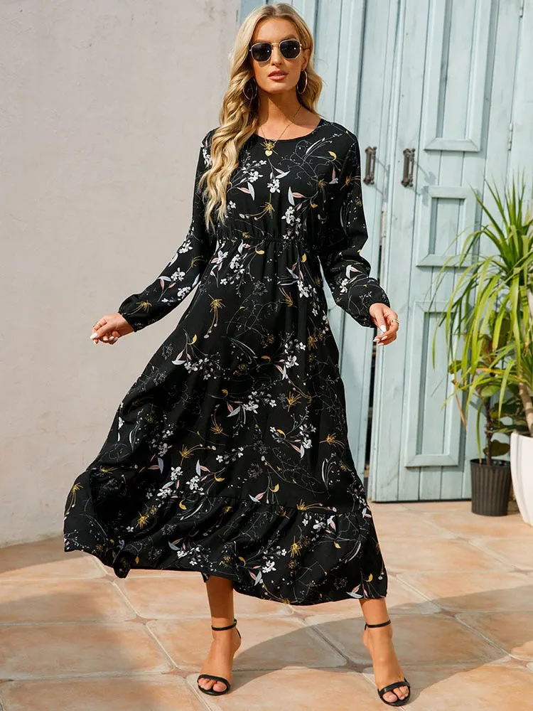 Women Floral Print Dress Spring Summer Casual O Neck Long Sleeve Chiffon A Line Long Maxi Dress - WD8066