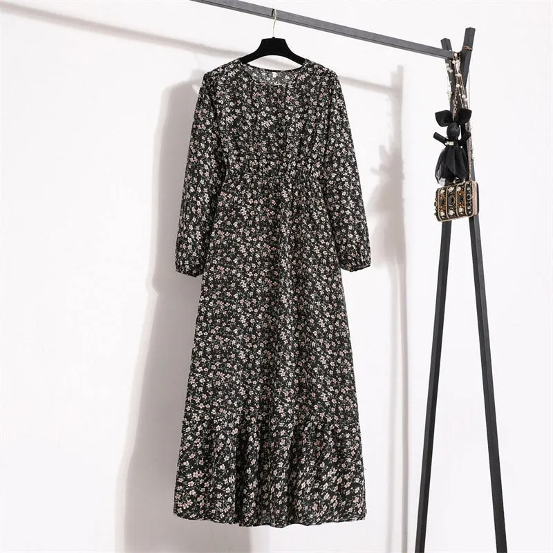 Women Floral Print Dress Spring Summer Casual O Neck Long Sleeve Chiffon A Line Long Maxi Dress - WD8066