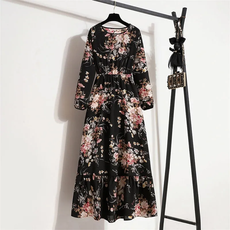 Women Floral Print Dress Spring Summer Casual O Neck Long Sleeve Chiffon A Line Long Maxi Dress - WD8066