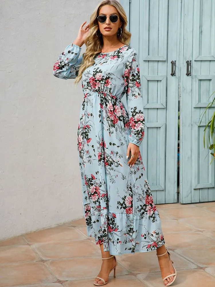 Women Floral Print Dress Spring Summer Casual O Neck Long Sleeve Chiffon A Line Long Maxi Dress - WD8066