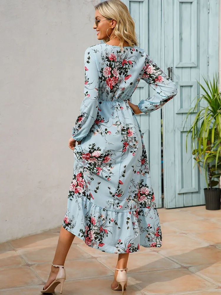 Women Floral Print Dress Spring Summer Casual O Neck Long Sleeve Chiffon A Line Long Maxi Dress - WD8066