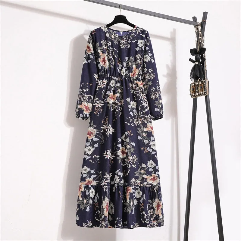 Women Floral Print Dress Spring Summer Casual O Neck Long Sleeve Chiffon A Line Long Maxi Dress - WD8066