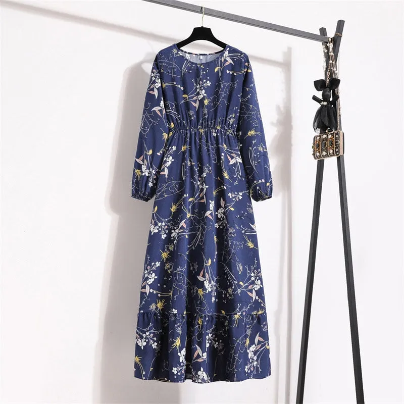 Women Floral Print Dress Spring Summer Casual O Neck Long Sleeve Chiffon A Line Long Maxi Dress - WD8066