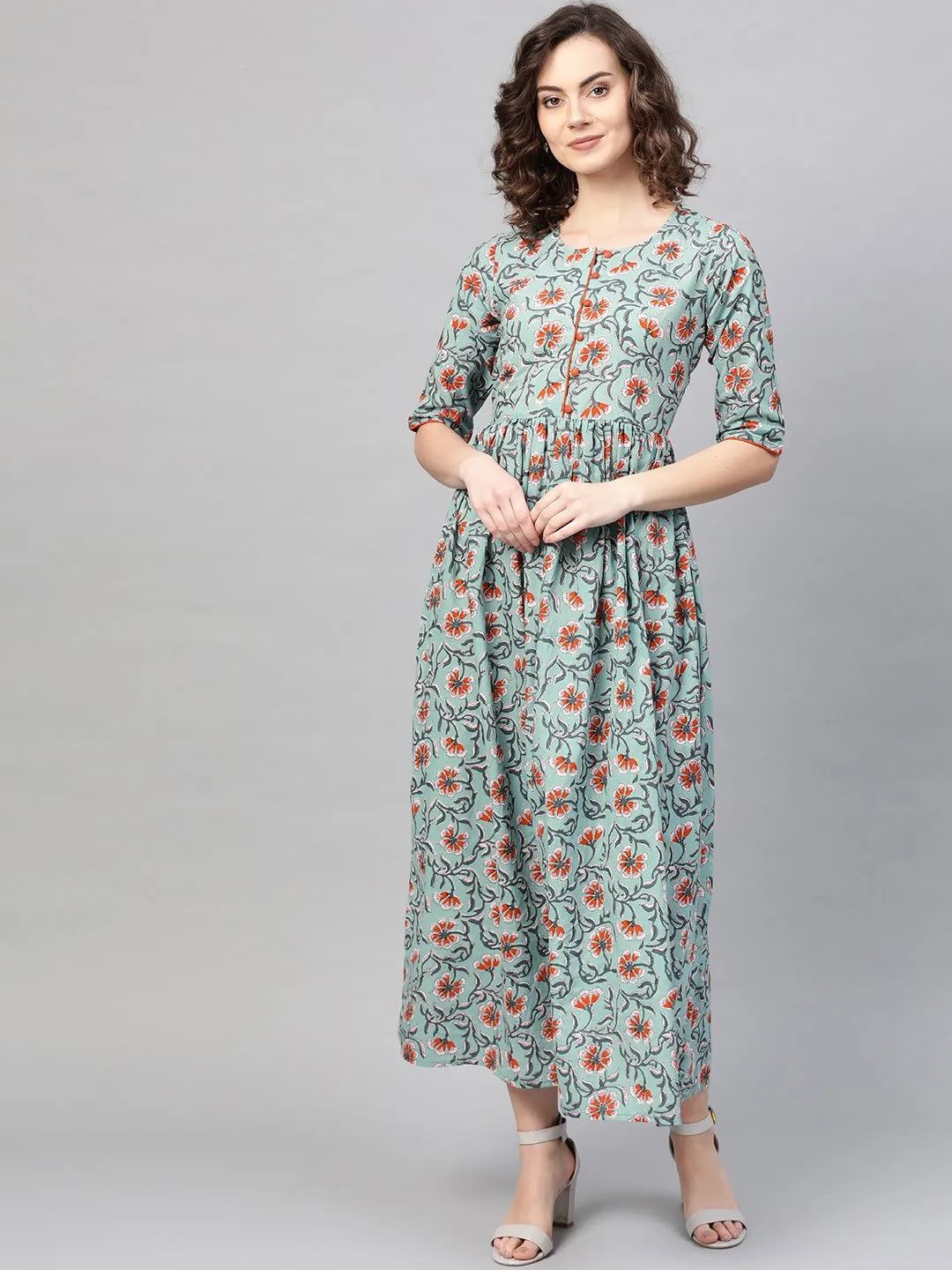 Women Green & Orange Floral Printed Maxi Dress