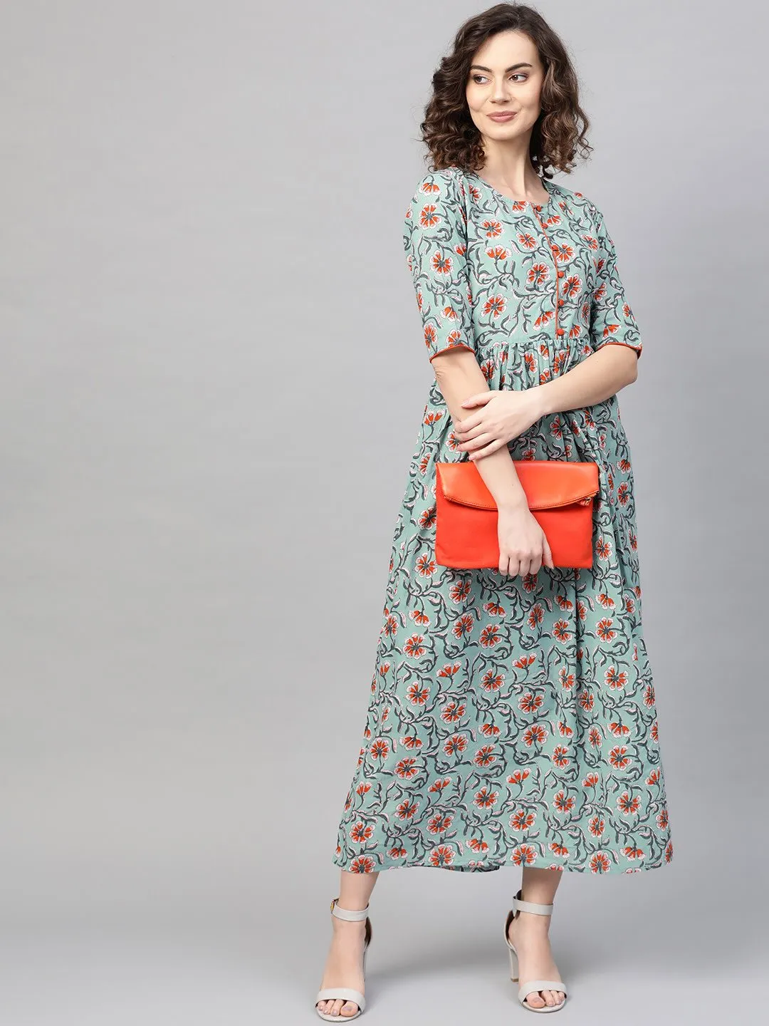 Women Green & Orange Floral Printed Maxi Dress