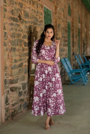 Women Mauve Ethnic Printed Flared Dress