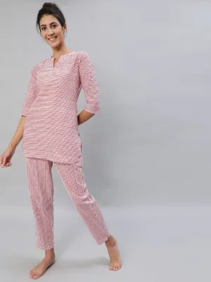 Women Pink & Off-White Striped Night Suit Set