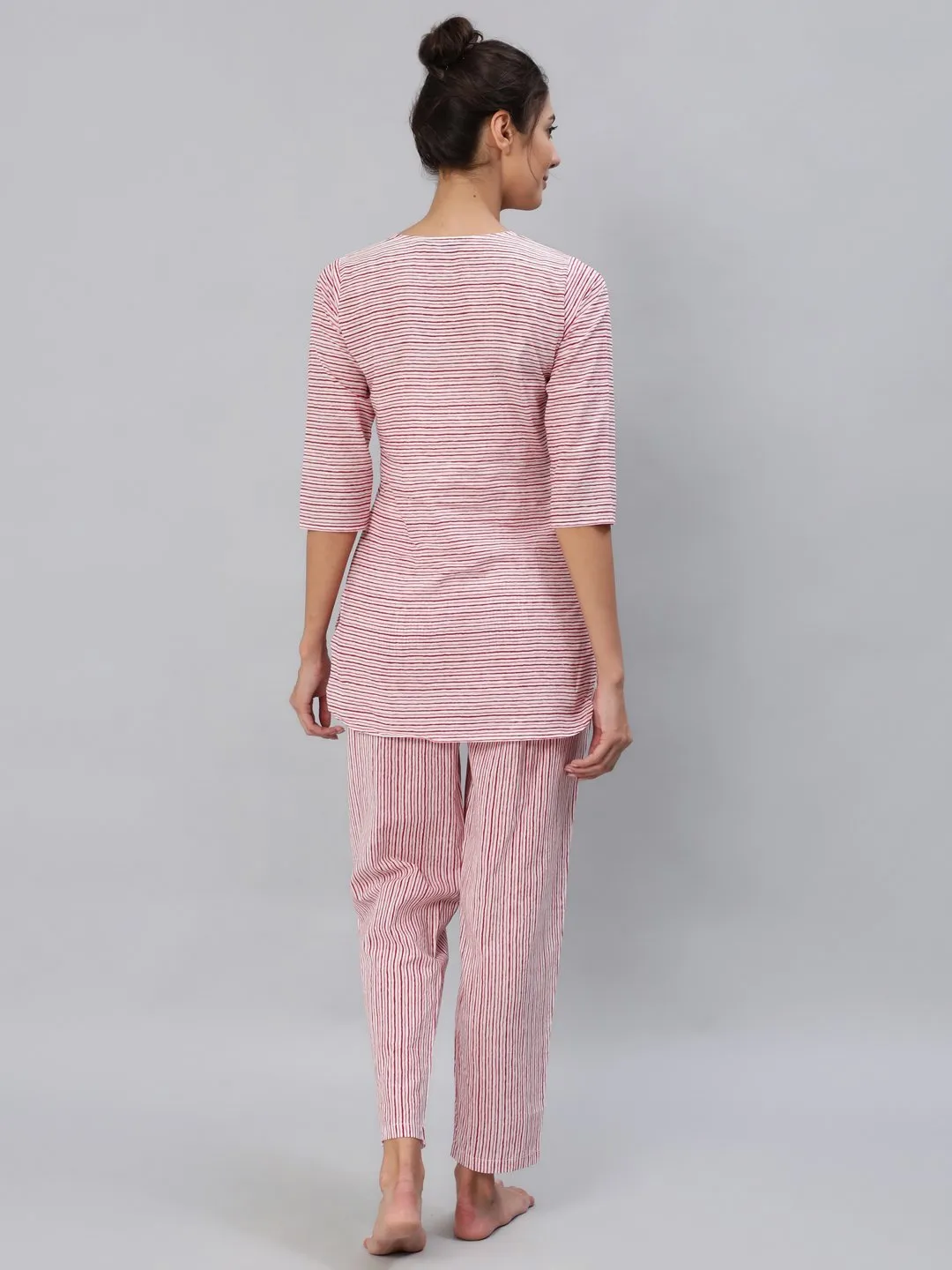 Women Pink & Off-White Striped Night Suit Set