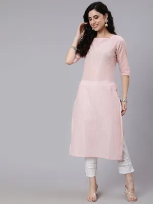 Women Pink Color With Silver Stripe Solid Straight Kurta