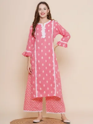 Women Pink Ethnic Motifs Printed Lace work Kurta with Palazzos