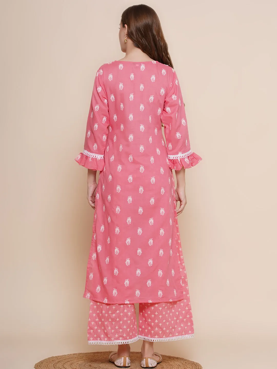 Women Pink Ethnic Motifs Printed Lace work Kurta with Palazzos