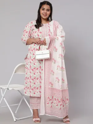 Women Plus Size Pink Printed Kurta And Palazzo With Dupatta