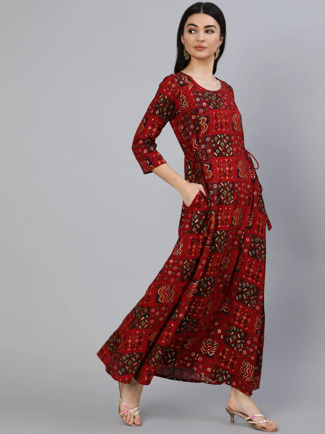 Women Red Printed Dress With Three Quarter Sleeves