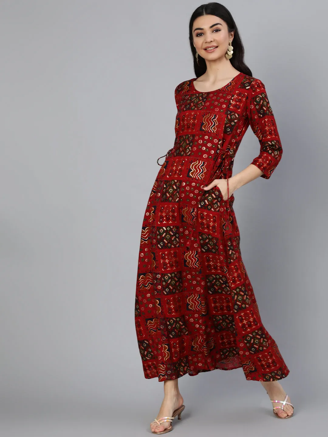 Women Red Printed Dress With Three Quarter Sleeves