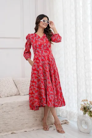 Women Red Printed Flared Dress