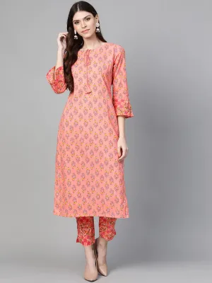 Women'S Pink & Green Floral Print Kurta With Trousers