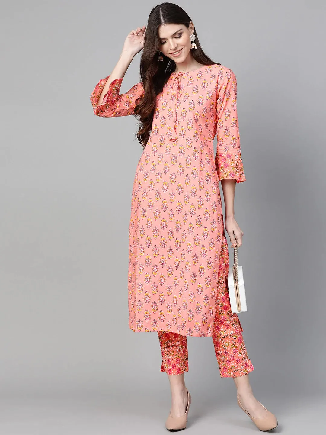 Women'S Pink & Green Floral Print Kurta With Trousers